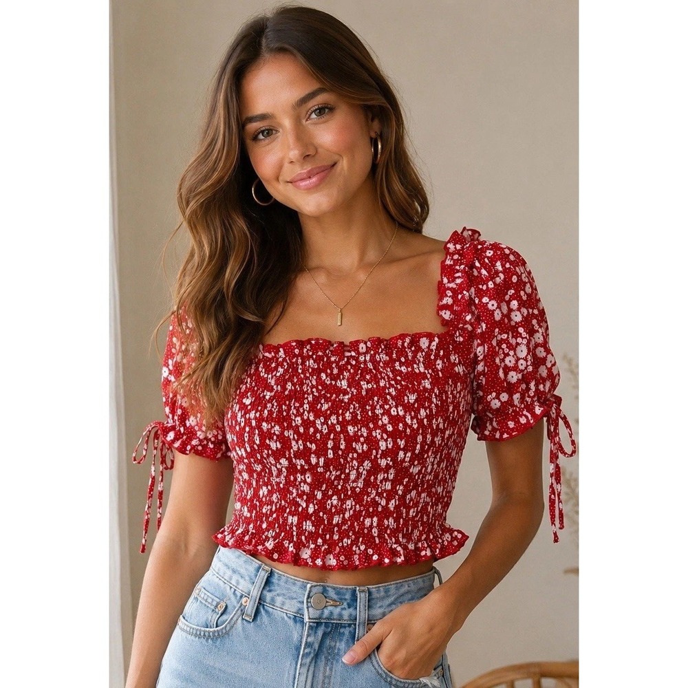 Lulus Women's Smocked Floral Crop Top Size Medium Festival Boho Y2K Cottagecore